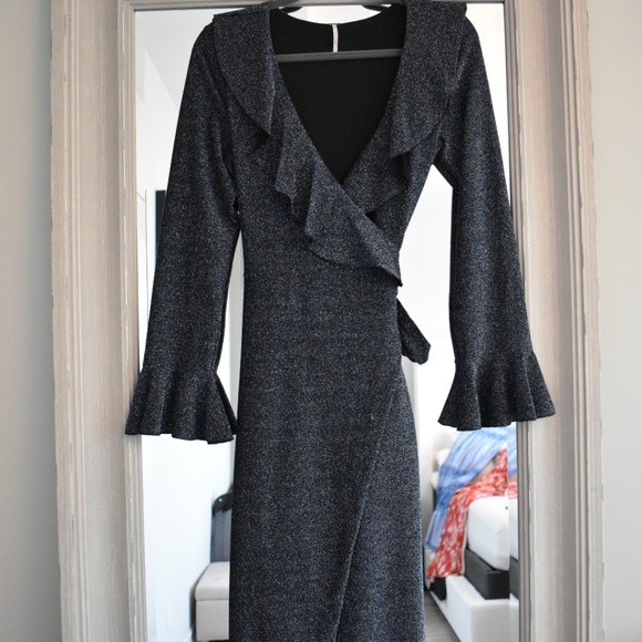 Free People Navy Black Glitter Wrap Dress - Picture 1 of 4